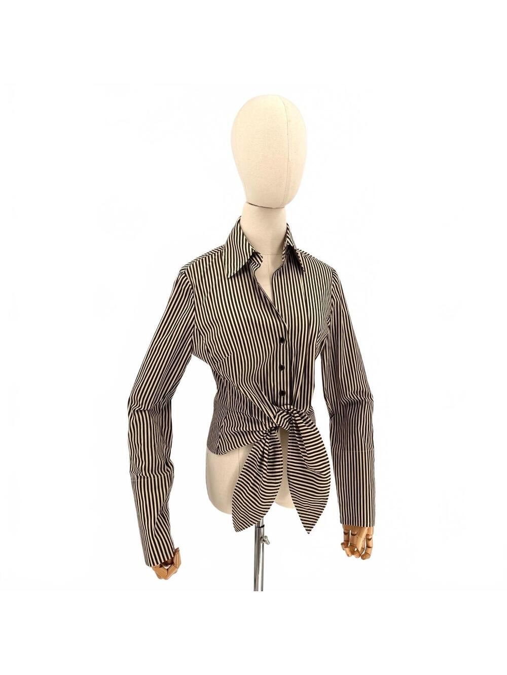 Vintage Y2K Carlisle Beige Black Striped Tie-Front Blouse